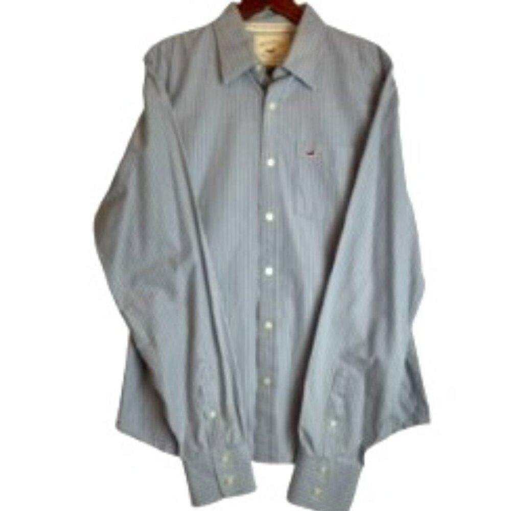 HOLLISTER MENS SHIRT LONG SLEEVE GRAY W/ WHITE PINSTRIPE SIZE XL
